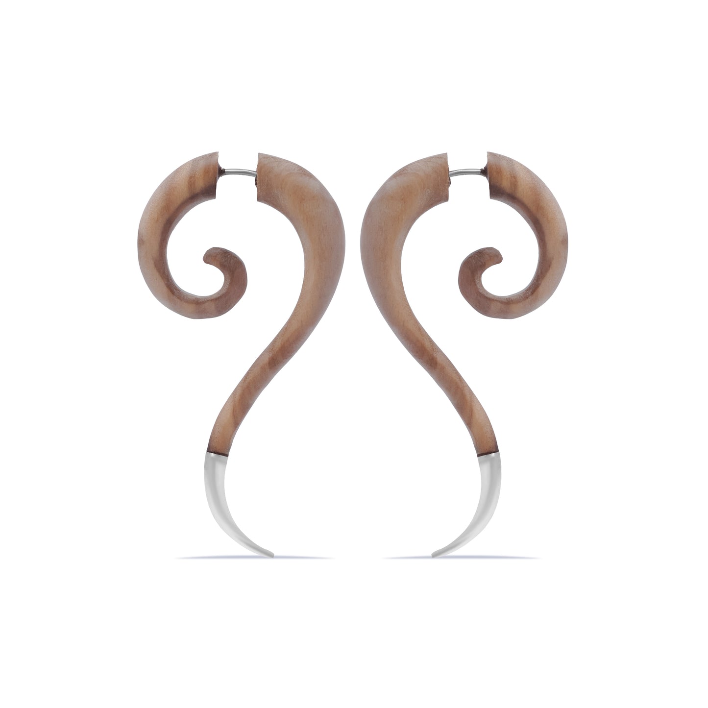 Spiral Fake Gauge Earrings made of Wood with Silver End