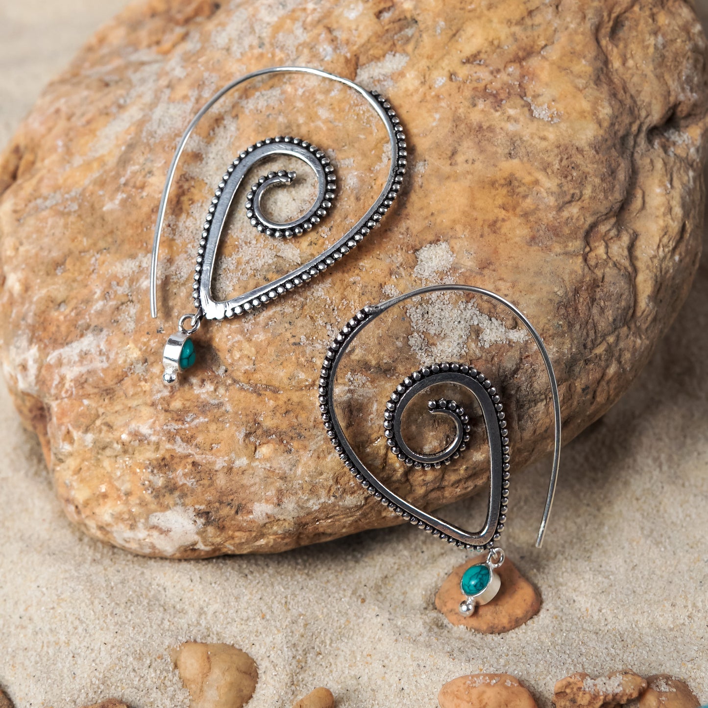 Oversized Spiral Earrings With Turquoise Stone (Code: EB47)