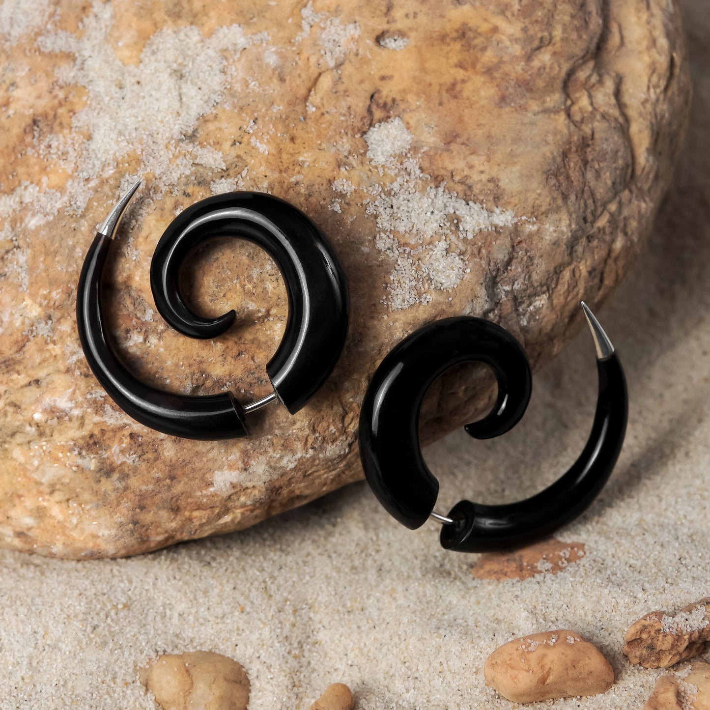 Spiral Fake Gauge Earrings made of Wood with Gold or Silver end