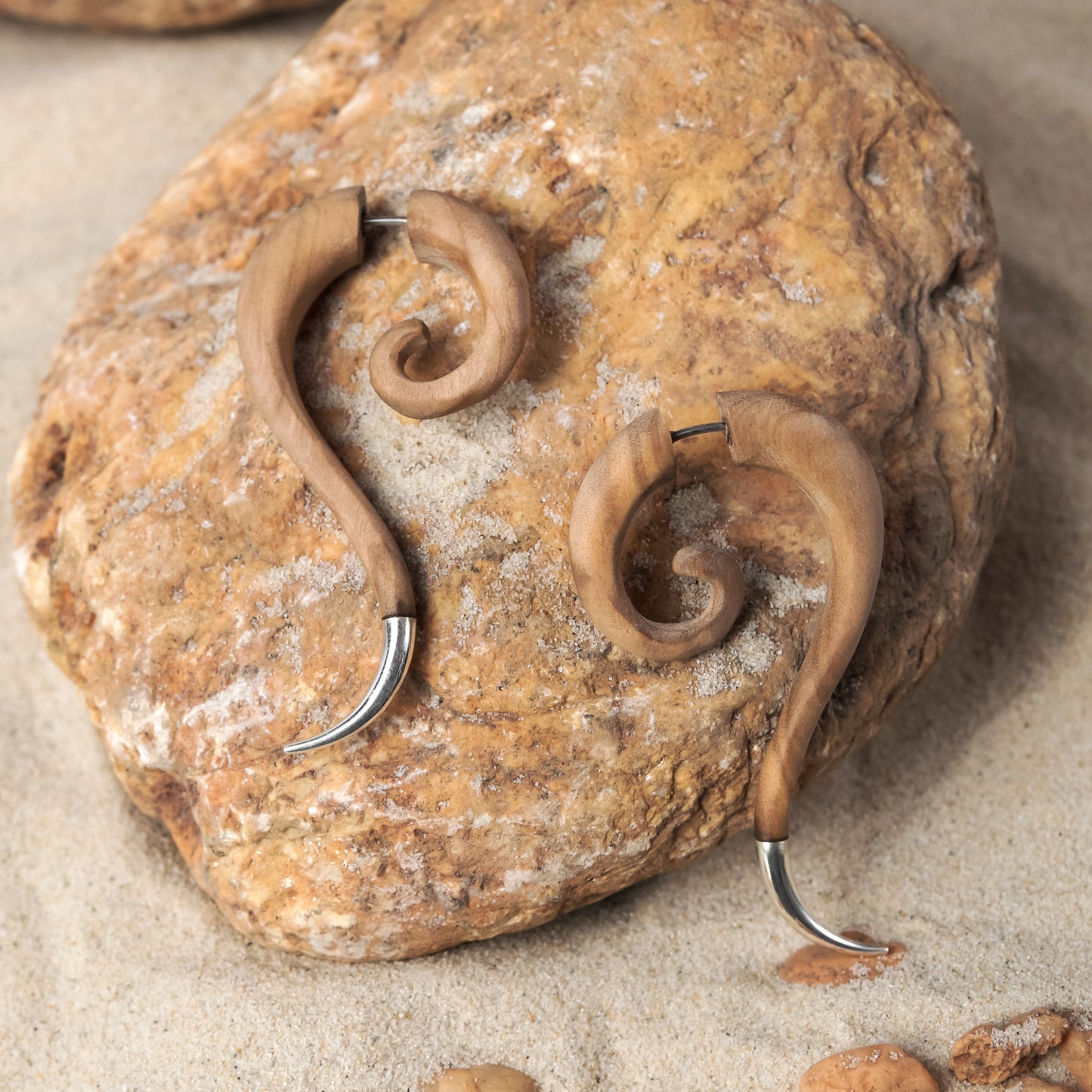 Spiral Fake Gauge Earrings made of Wood with Silver End