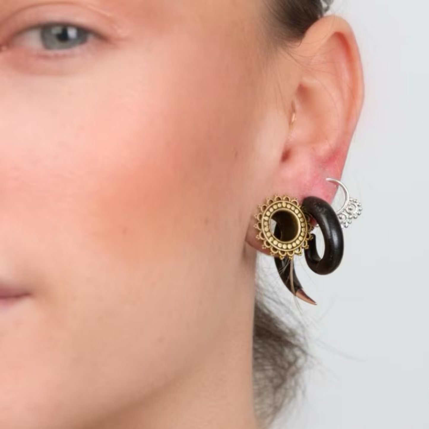 Spiral Fake Gauge Earrings made of Wood with Gold or Silver end
