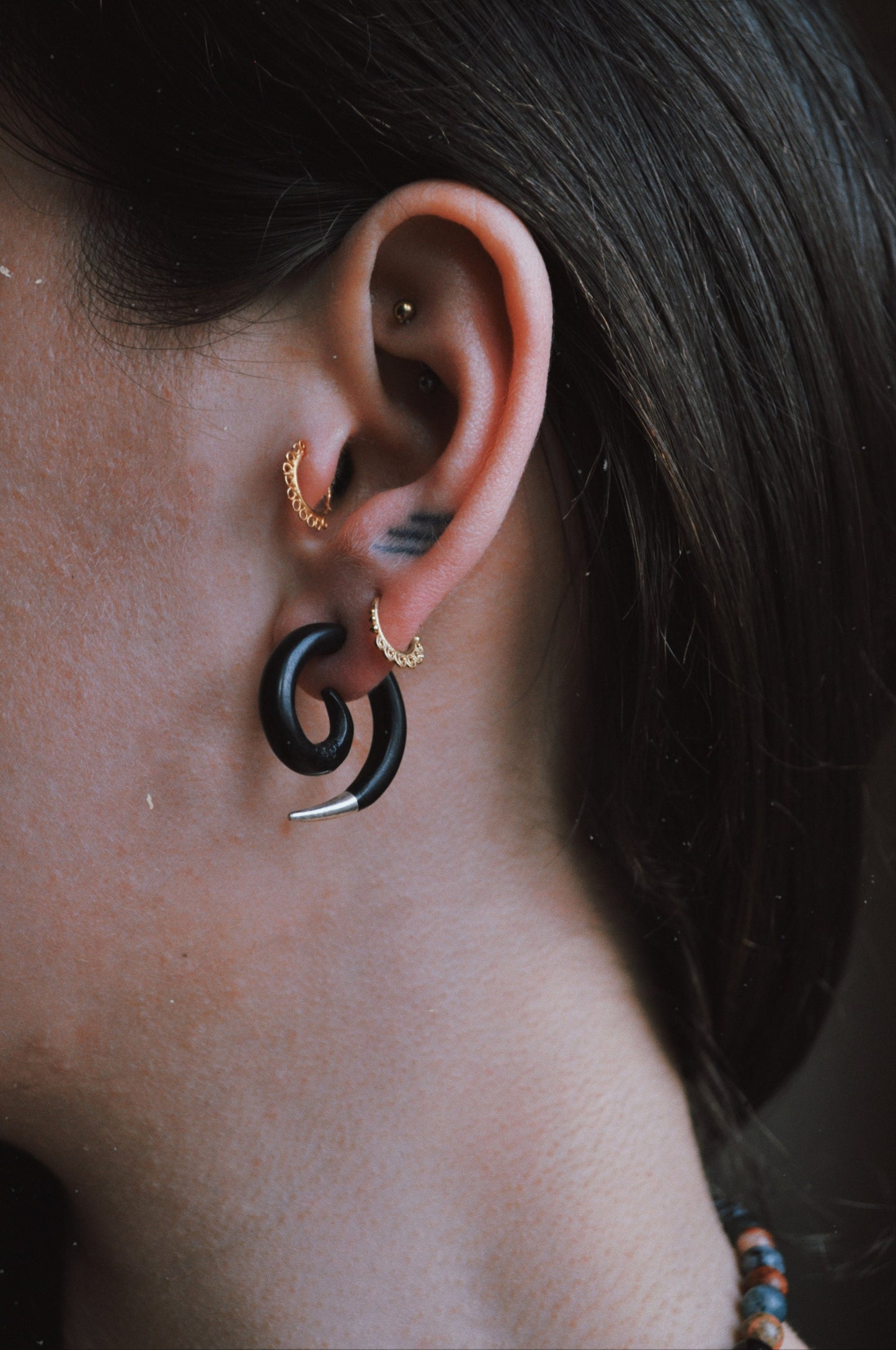 Spiral Fake Gauge Earrings made of Wood with Gold or Silver end