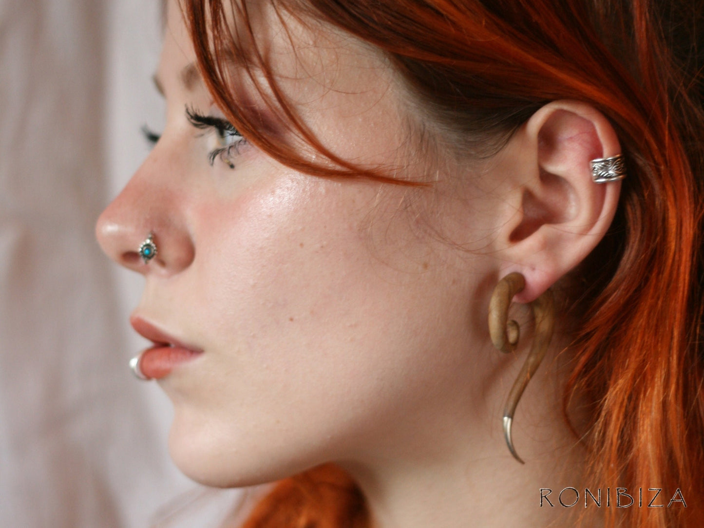 Spiral Fake Gauge Earrings made of Wood with Silver End