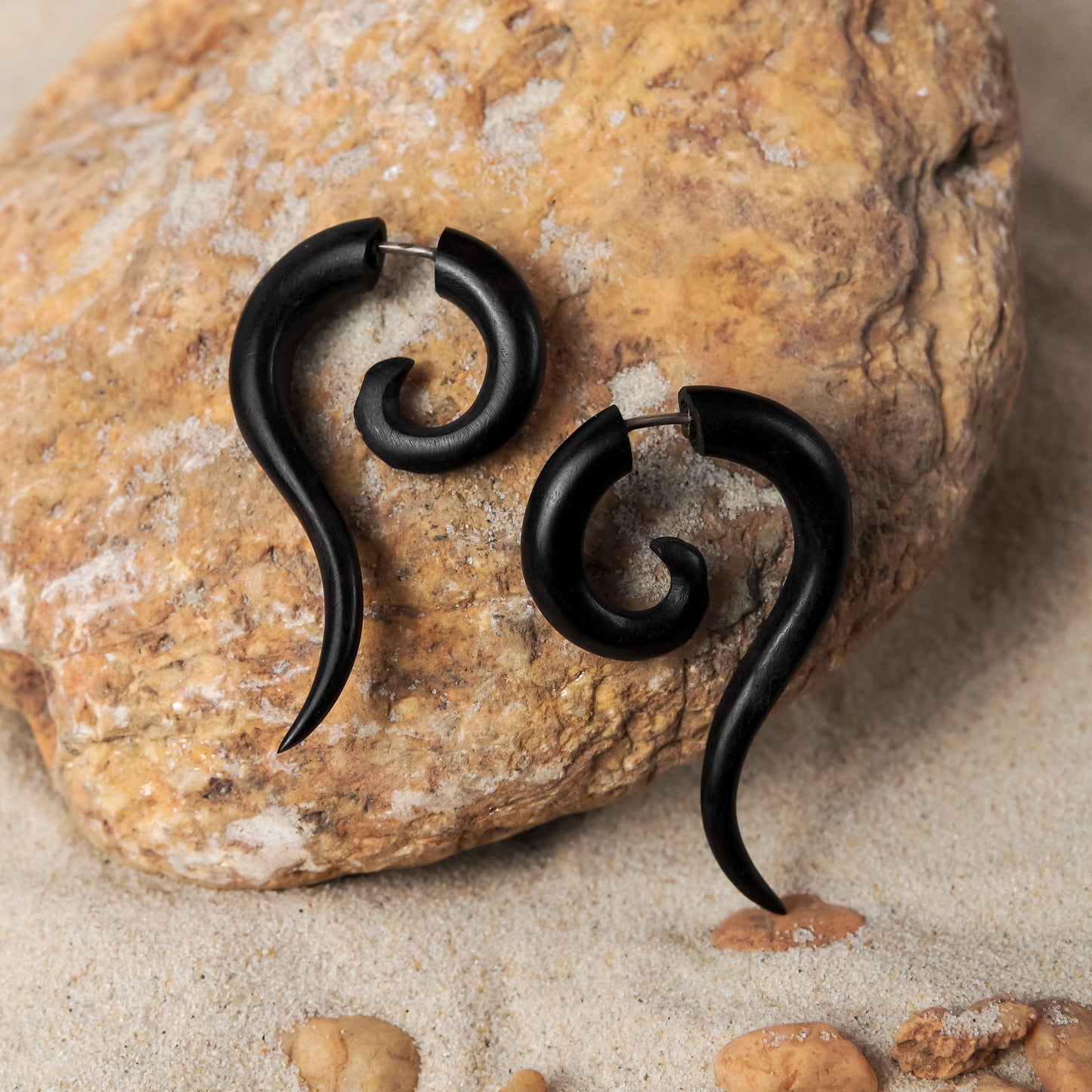 Black Spiral Fake Gauge Earrings made of Wood