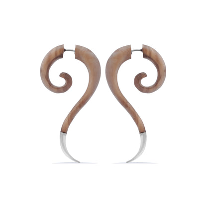 Spiral Fake Gauge Earrings made of Wood with Silver End