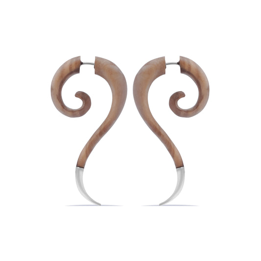 Spiral Fake Gauge Earrings made of Wood with Silver End