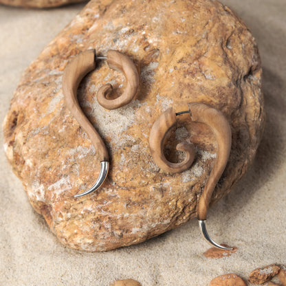 Spiral Fake Gauge Earrings made of Wood with Silver End